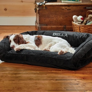 image:imageOrvis ComfortFillEco Couch Dog Bed  Plush ThreeSided Bolster with ComfortFillEco Cushion Quilted Cover ZipOff amp Machine Washable Brown Tweed  SmallSlate