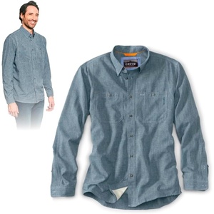 image:imageOrvis Tech Chambray Long Sleeve Mens Work Shirts  Lightweight QuickDrying UPF 40 Chambray Fabric Casual Mens Shirts  UPF 40 QuickDry Stretch Fit Recycled Polyester and Reclaimed Oyster Shells TripleStitched SeamsBlue Chambray